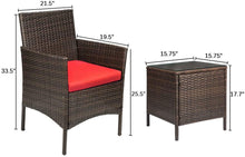 Cargar imagen en el visor de la galería, Brand New 3 Pieces PE Rattan Wicker Chairs with Table Outdoor Garden Furniture Sets (Brown/Red)