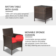 Cargar imagen en el visor de la galería, Brand New 3 Pieces PE Rattan Wicker Chairs with Table Outdoor Garden Furniture Sets (Brown/Red)