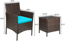 Cargar imagen en el visor de la galería, Brand New 3 Pieces PE Rattan Wicker Chairs with Table Outdoor Garden Furniture Sets (Brown/Blue)