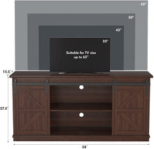 Cargar imagen en el visor de la galería, Farmhouse TV Stand for 65 Inch TV, Mid Century Modern Entertainment Center with Sliding Barn Doors and Storage Cabinets, Metal Media TV Console Table for Living Room Bedroom (Brown)