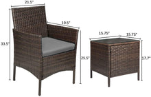 Cargar imagen en el visor de la galería, Brand New 3 Pieces PE Rattan Wicker Chairs with Table Outdoor Garden Furniture Sets (Brown/Grey)