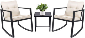 Brand New 3 Piece Rocking Bistro Set Wicker Patio Outdoor Furniture Porch Chairs Conversation Sets with Glass Coffee Table (Beige)