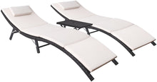 Load image into Gallery viewer, Patio Chaise 3 Pieces Lounge with Cushions Unadjustable Modern Outdoor Furniture Set PE Wicker Rattan Backrest Lounger Chair Patio Folding Chaise Lounge with Folding Table (3 Pieces)