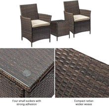 Cargar imagen en el visor de la galería, Brand New 3 Pieces PE Rattan Wicker Chairs with Table Outdoor Garden Furniture Sets (Brown/Beige)