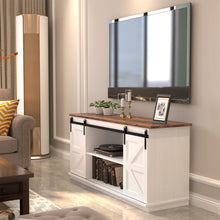 Cargar imagen en el visor de la galería, Farmhouse TV Stand for 65 Inch TV, Mid Century Modern Entertainment Center with Sliding Barn Doors and Storage Cabinets, Metal Media TV Console Table for Living Room Bedroom (White)