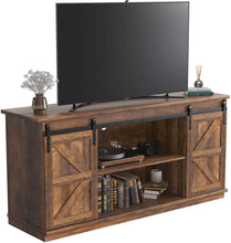 Cargar imagen en el visor de la galería, Farmhouse TV Stand for 65 Inch TV, Mid Century Modern Entertainment Center with Sliding Barn Doors and Storage Cabinets, Metal Media TV Console Table for Living Room Bedroom (Rustic Oak)