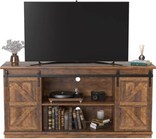 Cargar imagen en el visor de la galería, Farmhouse TV Stand for 65 Inch TV, Mid Century Modern Entertainment Center with Sliding Barn Doors and Storage Cabinets, Metal Media TV Console Table for Living Room Bedroom (Rustic Oak)