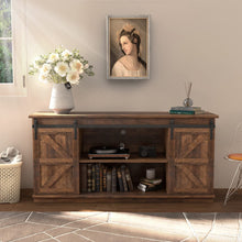 Cargar imagen en el visor de la galería, Farmhouse TV Stand for 65 Inch TV, Mid Century Modern Entertainment Center with Sliding Barn Doors and Storage Cabinets, Metal Media TV Console Table for Living Room Bedroom (Rustic Oak)