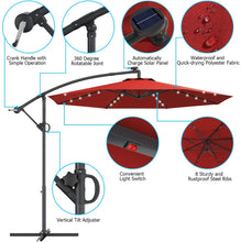 Cargar imagen en el visor de la galería, Patio Umbrella Outdoor 10 FT Patio Offset Umbrella with 360 Degree Rotation, Solar Powered LED Umbrella with Crank Handle & Cross Base (Burgundy)
