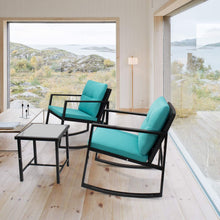 Cargar imagen en el visor de la galería, Brand New 3 Pieces Patio Furniture Set Rocking Wicker Bistro Sets Modern Outdoor Rocking Chair Furniture Sets Cushioned PE Rattan Chairs Conversation Sets with Coffee Table (Blue)