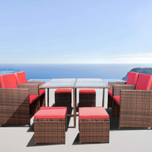 Cargar imagen en el visor de la galería, Brand New 9 Pieces Patio Dining Sets Outdoor Space Saving Rattan Chairs with Glass Table Patio Furniture Sets Cushioned Seating and Back Sectional Conversation Set (Red)