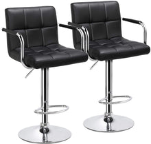 Cargar imagen en el visor de la galería, Bar Stools Set of 2 Modern Square PU Leather Adjustable BarStools Counter Height Stools with Arms and Back Bar Chairs 360° Swivel Stool(Black)