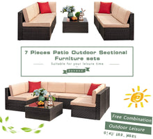 Cargar imagen en el visor de la galería, Brand New 7 Pieces Outdoor Sectional Sofa All-Weather Patio Furniture Sets Manual Weaving Wicker Rattan Patio Conversation Sets with Cushion and Glass Table (Beige)
