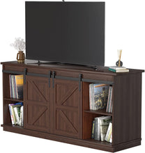 Cargar imagen en el visor de la galería, Farmhouse TV Stand for 65 Inch TV, Mid Century Modern Entertainment Center with Sliding Barn Doors and Storage Cabinets, Metal Media TV Console Table for Living Room Bedroom (Brown)