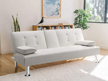 Load image into Gallery viewer, Futon Sofa Bed Modern Faux Leather Couch, Convertible Folding Recliner Lounge Futon Couch for Living Room with 2 Cup Holders with Armrest (White)
