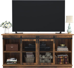 Farmhouse TV Stand for 65 Inch TV, Mid Century Modern Entertainment Center for Living Room Bedroom, Television Stands Console Table with Sliding Barn Doors and Storage Cabinets (Rustic Oak)