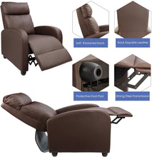 Cargar imagen en el visor de la galería, Recliner Chair with Massage Home Theater Seating PU Leather Modern Living Room Chair Padded Cushion Reclining Sofa (Brown)