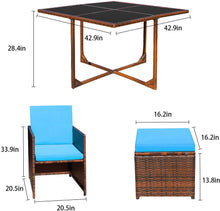Load image into Gallery viewer, Brand New 9 Pieces Patio Dining Sets Outdoor Space Saving Rattan Chairs with Glass Table Patio Furniture Sets Cushioned Seating and Back Sectional Conversation Set (Blue)