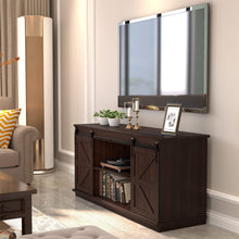 Cargar imagen en el visor de la galería, Farmhouse TV Stand for 65 Inch TV, Mid Century Modern Entertainment Center with Sliding Barn Doors and Storage Cabinets, Metal Media TV Console Table for Living Room Bedroom (Brown)