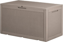 Load image into Gallery viewer, NEW 100 Gallon Waterproof Large Resin Deck Box Indoor Outdoor Lockable Storage Container for Patio Furniture Cushions, Toys and Garden Tools (Light Brown)