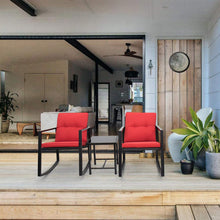 Cargar imagen en el visor de la galería, Brand New 3 Pieces Patio Furniture Set Rocking Wicker Bistro Sets Modern Outdoor Rocking Chair Furniture Sets Cushioned PE Rattan Chairs Conversation Sets with Coffee Table (Red)