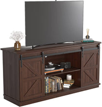 Cargar imagen en el visor de la galería, Farmhouse TV Stand for 65 Inch TV, Mid Century Modern Entertainment Center with Sliding Barn Doors and Storage Cabinets, Metal Media TV Console Table for Living Room Bedroom (Brown)