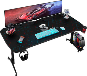 Gaming Desk 60 Inch Computer Gamer Desk with Full Desk Mouse Pad, Carbon Fiber Surface PC Gaming Table Adjustable Height, Gaming Rack, Headphone Hook and Cup Holder(Black)