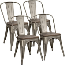 Load image into Gallery viewer, Metal Dining Chairs with Wood Seat, Distressing Tolix Style Indoor-Outdoor Stackable Industrial Chair with Back Set of 4 for Kitchen, Dining Room, Bistro and Cafe (Gunmetal)
