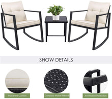 Cargar imagen en el visor de la galería, Brand New 3 Piece Rocking Bistro Set Wicker Patio Outdoor Furniture Porch Chairs Conversation Sets with Glass Coffee Table (Beige)