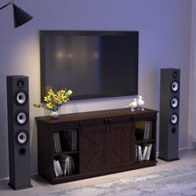 Cargar imagen en el visor de la galería, Farmhouse TV Stand for 65 Inch TV, Mid Century Modern Entertainment Center with Sliding Barn Doors and Storage Cabinets, Metal Media TV Console Table for Living Room Bedroom (Brown)