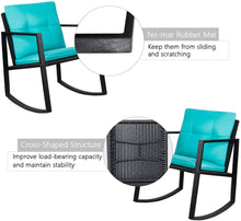 Cargar imagen en el visor de la galería, Brand New 3 Pieces Patio Furniture Set Rocking Wicker Bistro Sets Modern Outdoor Rocking Chair Furniture Sets Cushioned PE Rattan Chairs Conversation Sets with Coffee Table (Blue)