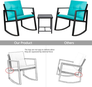Brand New 3 Pieces Patio Furniture Set Rocking Wicker Bistro Sets Modern Outdoor Rocking Chair Furniture Sets Cushioned PE Rattan Chairs Conversation Sets with Coffee Table (Blue)