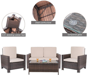 Brand New 4 Pieces Outdoor Patio Furniture Sets Rattan Chair Wicker Conversation Sofa Set, Outdoor Indoor Backyard Porch Garden Poolside Balcony Use Furniture (Beige)