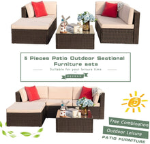 Cargar imagen en el visor de la galería, Brand New 5 Pieces Patio Furniture Sets All-Weather Outdoor Sectional Sofa Manual Weaving Wicker Rattan Patio Conversation Set with Cushion and Glass Table (Beige)