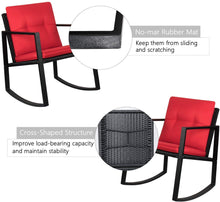 Cargar imagen en el visor de la galería, Brand New 3 Pieces Patio Furniture Set Rocking Wicker Bistro Sets Modern Outdoor Rocking Chair Furniture Sets Cushioned PE Rattan Chairs Conversation Sets with Coffee Table (Red)