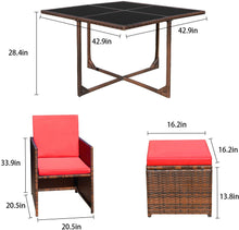Cargar imagen en el visor de la galería, Brand New 9 Pieces Patio Dining Sets Outdoor Space Saving Rattan Chairs with Glass Table Patio Furniture Sets Cushioned Seating and Back Sectional Conversation Set (Red)