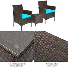 Load image into Gallery viewer, Brand New 3 Pieces PE Rattan Wicker Chairs with Table Outdoor Garden Furniture Sets (Brown/Blue)
