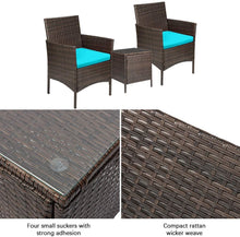 Cargar imagen en el visor de la galería, Brand New 3 Pieces PE Rattan Wicker Chairs with Table Outdoor Garden Furniture Sets (Brown/Blue)