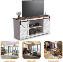 Cargar imagen en el visor de la galería, Farmhouse TV Stand for 65 Inch TV, Mid Century Modern Entertainment Center with Sliding Barn Doors and Storage Cabinets, Metal Media TV Console Table for Living Room Bedroom (White)