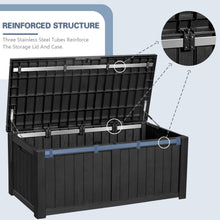 Cargar imagen en el visor de la galería, NEW Resin Deck Box 120 Gallon Waterproof Large Deck Boxes Plus Outdoor Indoor Storage Box Imitation Wood Resin for Patio Furniture Garden Tools and Pool,Dark Black