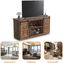Cargar imagen en el visor de la galería, Farmhouse TV Stand for 65 Inch TV, Mid Century Modern Entertainment Center with Sliding Barn Doors and Storage Cabinets, Metal Media TV Console Table for Living Room Bedroom (Rustic Oak)