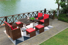 Cargar imagen en el visor de la galería, Brand New 9 Pieces Patio Dining Sets Outdoor Space Saving Rattan Chairs with Glass Table Patio Furniture Sets Cushioned Seating and Back Sectional Conversation Set (Red)