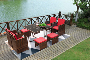 Brand New 9 Pieces Patio Dining Sets Outdoor Space Saving Rattan Chairs with Glass Table Patio Furniture Sets Cushioned Seating and Back Sectional Conversation Set (Red)