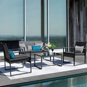 Brand New 4 Piece Patio Set Outdoor Rattan Chairs with Cushion & Table Metal Bistro Conversation Sets Modern Porch Furniture for Garden, Balcony, Poolside (Black)