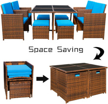 Load image into Gallery viewer, Brand New 9 Pieces Patio Dining Sets Outdoor Space Saving Rattan Chairs with Glass Table Patio Furniture Sets Cushioned Seating and Back Sectional Conversation Set (Blue)
