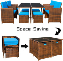 Load image into Gallery viewer, Brand New 9 Pieces Patio Dining Sets Outdoor Space Saving Rattan Chairs with Glass Table Patio Furniture Sets Cushioned Seating and Back Sectional Conversation Set (Blue)