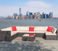 Cargar imagen en el visor de la galería, Brand New 9 Pieces Outdoor Patio Sectional Sofa All-Weather Patio Furniture Sets Manual Weaving Wicker Rattan Patio Conversation Set with Cushions and Glass Table