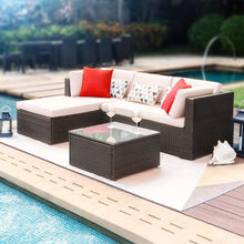 Cargar imagen en el visor de la galería, Brand New 5 Pieces Patio Furniture Sets All-Weather Outdoor Sectional Sofa Manual Weaving Wicker Rattan Patio Conversation Set with Cushion and Glass Table (Beige)