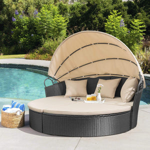 Patio Furniture Outdoor Daybed with Retractable Canopy Wicker Furniture Sectional Seating with Washable Cushions for Patio Backyard Porch Pool Round Daybed Separated Seating (Beige)