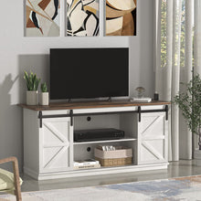 Cargar imagen en el visor de la galería, Farmhouse TV Stand for 65 Inch TV, Mid Century Modern Entertainment Center with Sliding Barn Doors and Storage Cabinets, Metal Media TV Console Table for Living Room Bedroom (White)